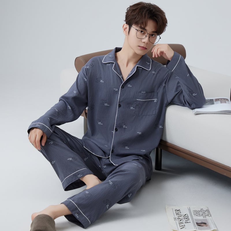 Комплект мъжки пижами от облачен памук, висок клас, двучленен, дълъг ръкав и дълги панталони, дишащ и удобен
