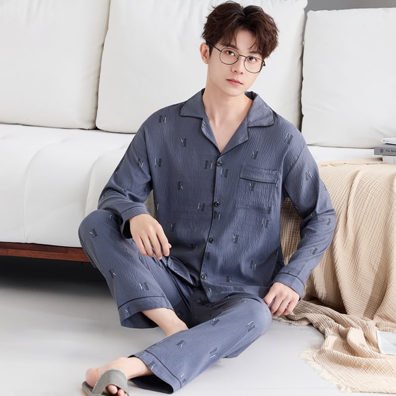 Комплект мъжки пижами от облачен памук, висок клас, двучленен, дълъг ръкав и дълги панталони, дишащ и удобен