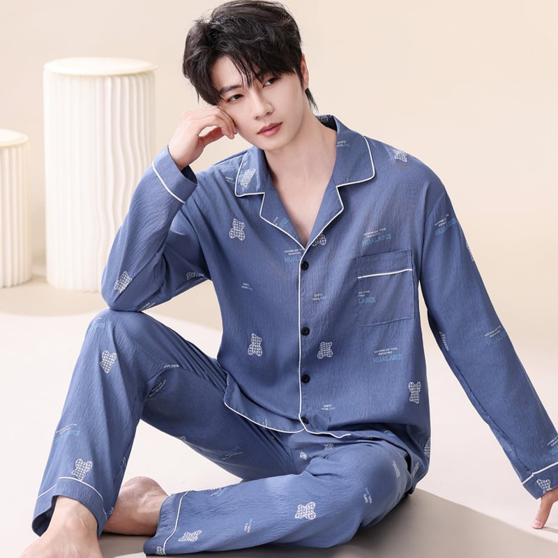 Комплект мъжки пижами от облачен памук, висок клас, двучленен, дълъг ръкав и дълги панталони, дишащ и удобен