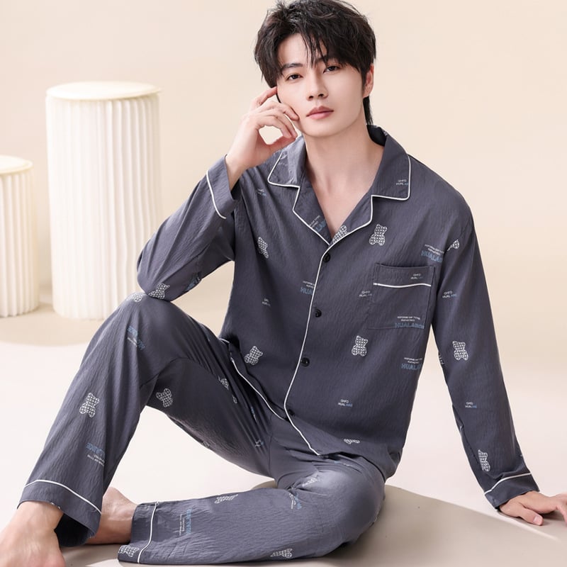 Комплект мъжки пижами от облачен памук, висок клас, двучленен, дълъг ръкав и дълги панталони, дишащ и удобен