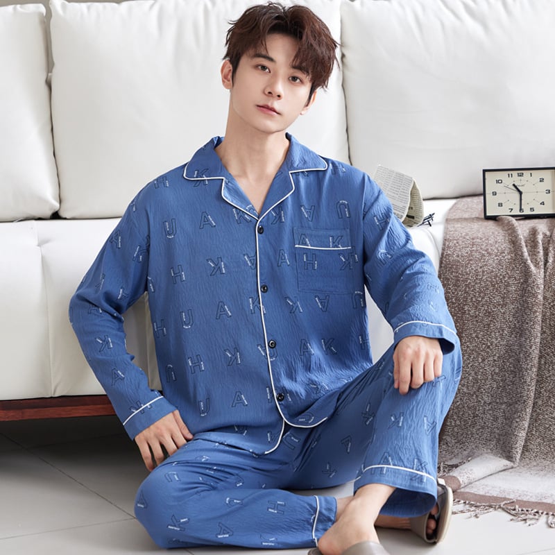 Комплект мъжки пижами от облачен памук, висок клас, двучленен, дълъг ръкав и дълги панталони, дишащ и удобен