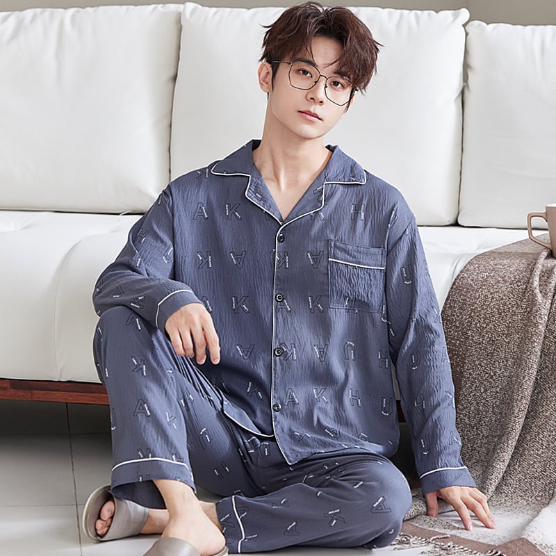 Комплект мъжки пижами от облачен памук, висок клас, двучленен, дълъг ръкав и дълги панталони, дишащ и удобен
