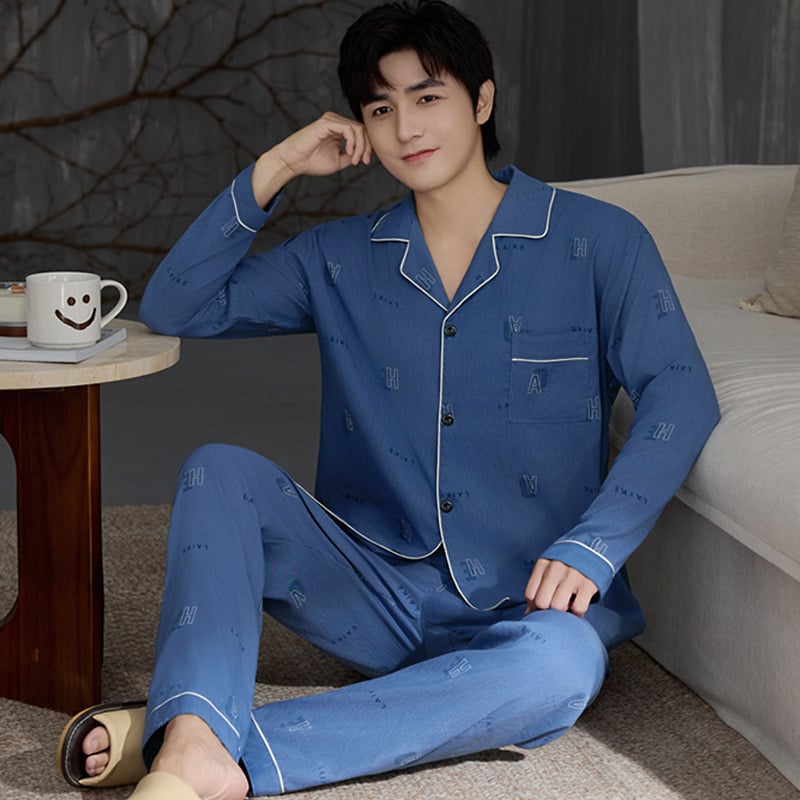 Комплект мъжки пижами от облачен памук, висок клас, двучленен, дълъг ръкав и дълги панталони, дишащ и удобен