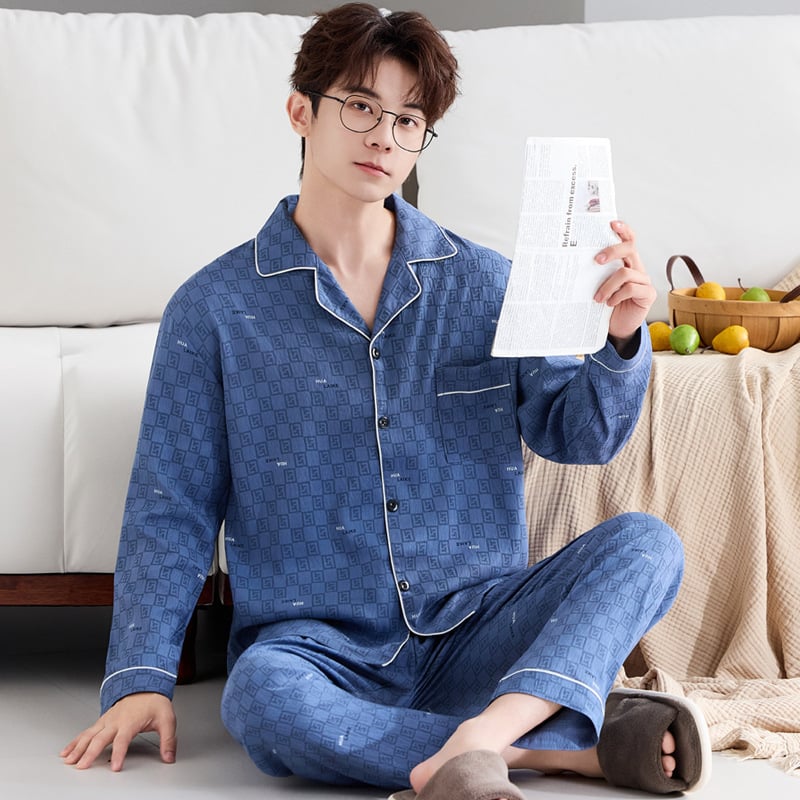 Комплект мъжки пижами от облачен памук, висок клас, двучленен, дълъг ръкав и дълги панталони, дишащ и удобен