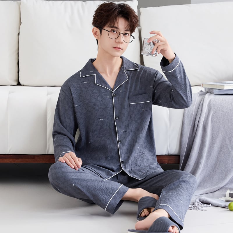Комплект мъжки пижами от облачен памук, висок клас, двучленен, дълъг ръкав и дълги панталони, дишащ и удобен