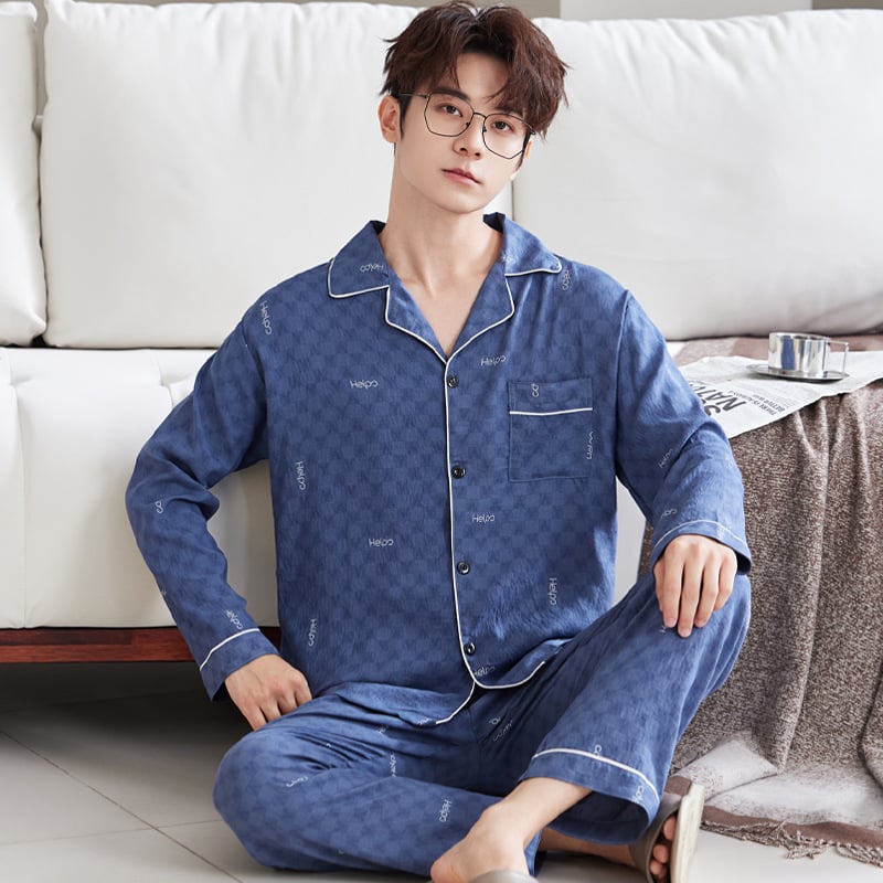 Комплект мъжки пижами от облачен памук, висок клас, двучленен, дълъг ръкав и дълги панталони, дишащ и удобен