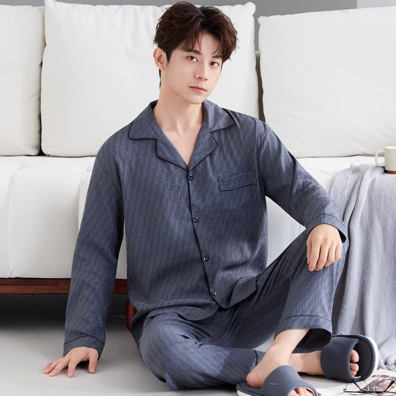 Комплект мъжки пижами от облачен памук, висок клас, двучленен, дълъг ръкав и дълги панталони, дишащ и удобен