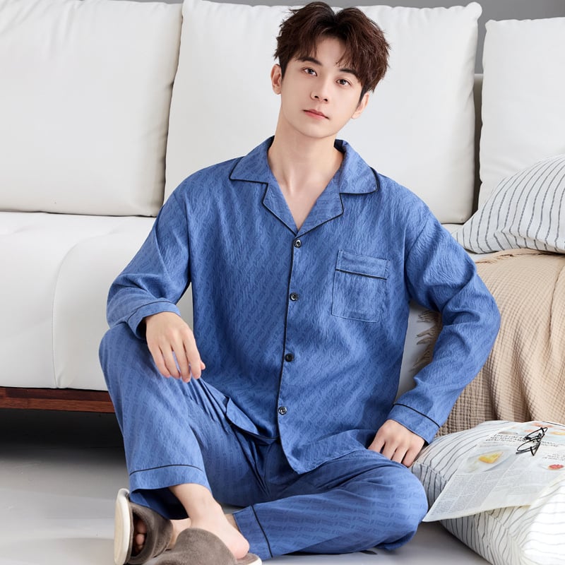 Комплект мъжки пижами от облачен памук, висок клас, двучленен, дълъг ръкав и дълги панталони, дишащ и удобен