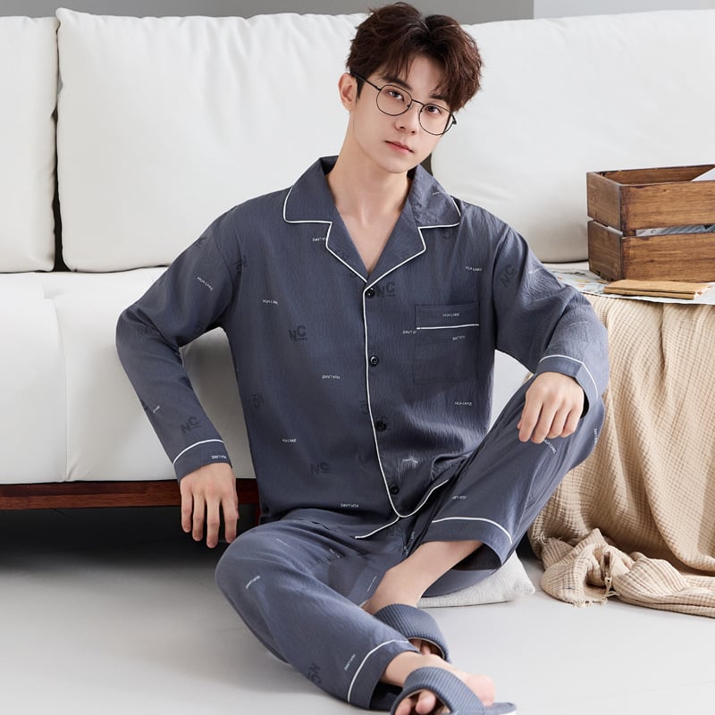 Комплект мъжки пижами от облачен памук, висок клас, двучленен, дълъг ръкав и дълги панталони, дишащ и удобен