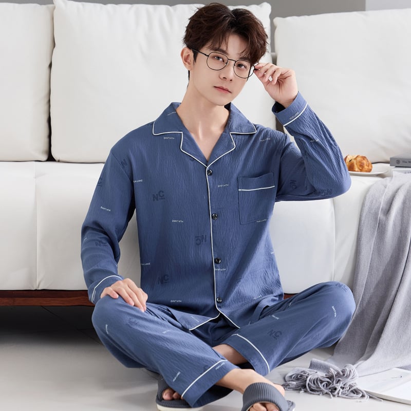 Комплект мъжки пижами от облачен памук, висок клас, двучленен, дълъг ръкав и дълги панталони, дишащ и удобен