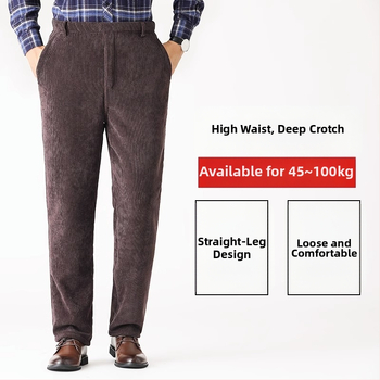 Мъжки зимни панталони от кадифен плат с подплата от флийс, прав крак, висока талия, с колан