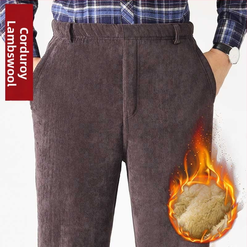 Мъжки зимни панталони от кадифен плат с подплата от флийс, прав крак, висока талия, с колан