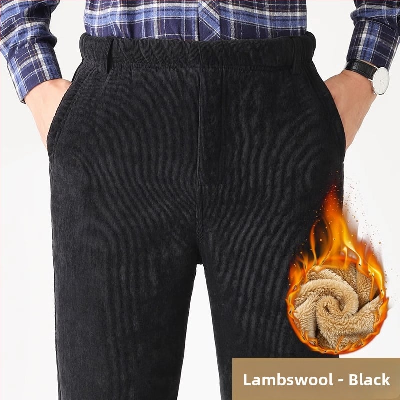 Мъжки зимни панталони от кадифен плат с подплата от флийс, прав крак, висока талия, с колан