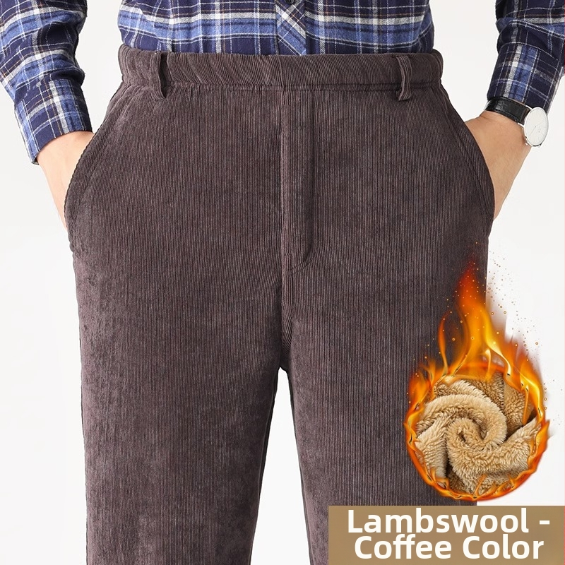 Мъжки зимни панталони от кадифен плат с подплата от флийс, прав крак, висока талия, с колан