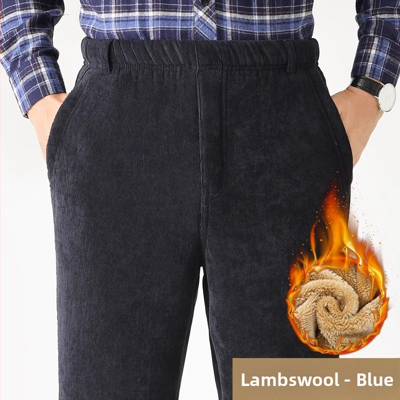 Мъжки зимни панталони от кадифен плат с подплата от флийс, прав крак, висока талия, с колан