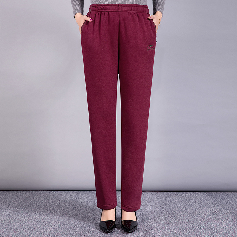 Pantalone za žene srednje dobi, jesensko-zimske, s flis podstavom, visokim strukom, pamučni materijal