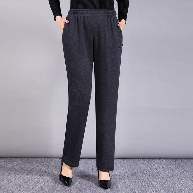 Pantalone za žene srednje dobi, jesensko-zimske, s flis podstavom, visokim strukom, pamučni materijal