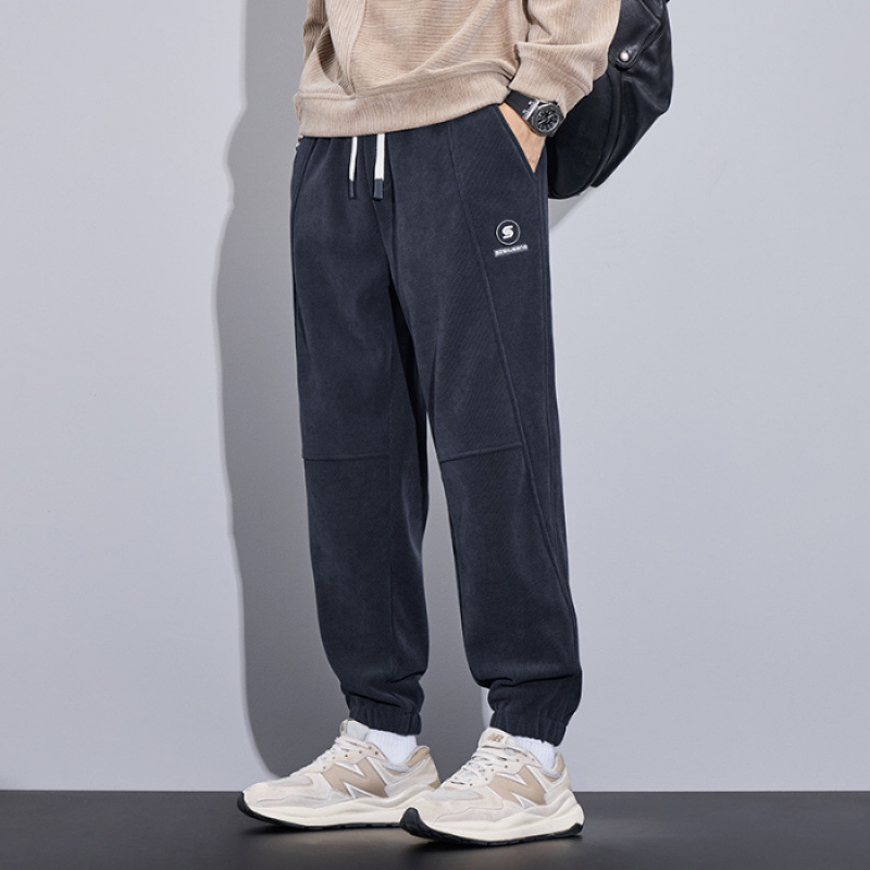 Muške hlače od korduroja za zimu s fleece podstavom, srednji pojas s remenom, kopčom za vezivanje, prugasti uzorak, debela tkanina
