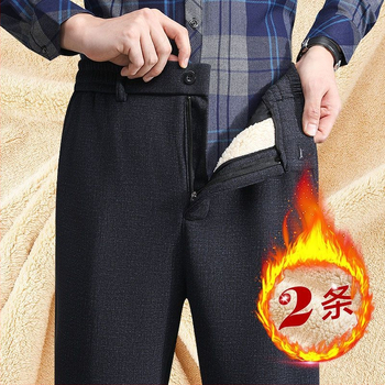 Pánske zimné nohavice s fleecovou podšívkou, hrubé tkaniny, rovný strih, vysoký pás, zips