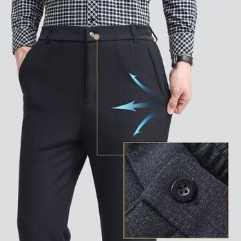 Pánske zimné nohavice s fleecovou podšívkou, hrubé tkaniny, rovný strih, vysoký pás, zips