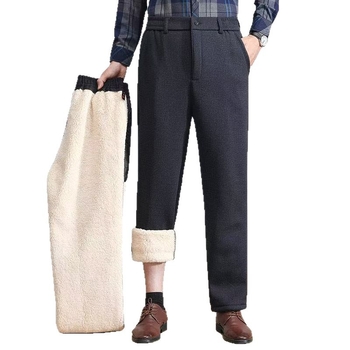 Pánske zimné nohavice s fleecovou podšívkou, hrubé tkaniny, rovný strih, vysoký pás, zips