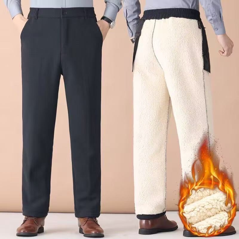 Pánske zimné nohavice s fleecovou podšívkou, hrubé tkaniny, rovný strih, vysoký pás, zips