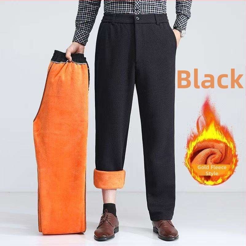 Pánske zimné nohavice s fleecovou podšívkou, hrubé tkaniny, rovný strih, vysoký pás, zips