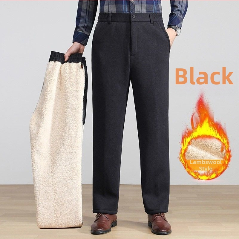 Pánske zimné nohavice s fleecovou podšívkou, hrubé tkaniny, rovný strih, vysoký pás, zips