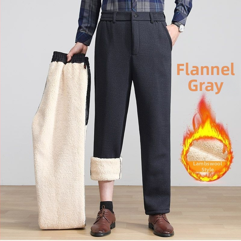 Pánske zimné nohavice s fleecovou podšívkou, hrubé tkaniny, rovný strih, vysoký pás, zips