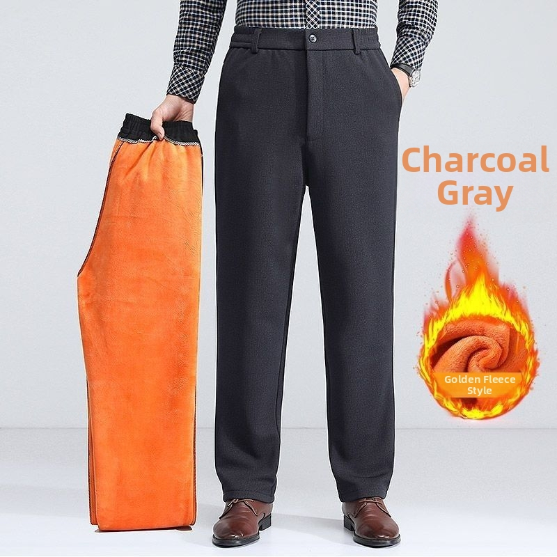 Pánske zimné nohavice s fleecovou podšívkou, hrubé tkaniny, rovný strih, vysoký pás, zips