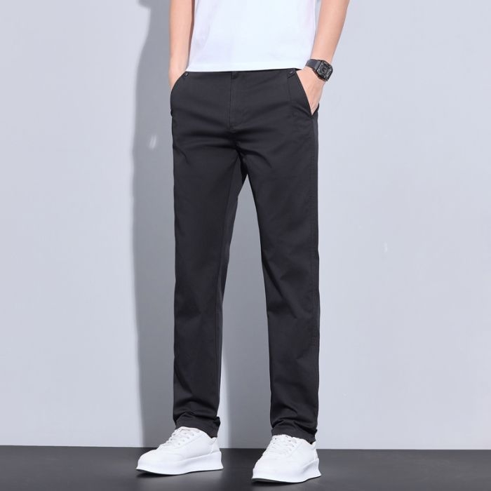 Muške poslovno-ležerne hlače - ravni kroj, duge, srednji struk, zip, ljeto