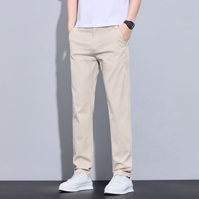 Muške poslovno-ležerne hlače - ravni kroj, duge, srednji struk, zip, ljeto