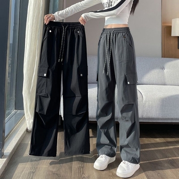Ženske cargo hlače u američkom stilu, visokim strukom, slobodan širokih nogavica kroj, tkanina pletena s vunom, casual jogger stil