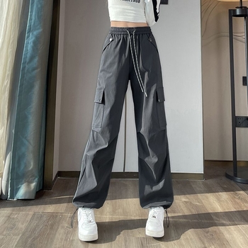 Ženske cargo hlače u američkom stilu, visokim strukom, slobodan širokih nogavica kroj, tkanina pletena s vunom, casual jogger stil