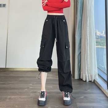Ženske cargo hlače u američkom stilu, visokim strukom, slobodan širokih nogavica kroj, tkanina pletena s vunom, casual jogger stil