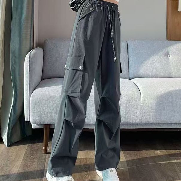 Ženske cargo hlače u američkom stilu, visokim strukom, slobodan širokih nogavica kroj, tkanina pletena s vunom, casual jogger stil