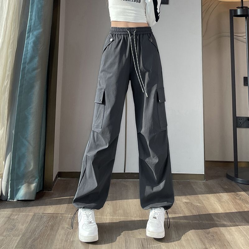 Ženske cargo hlače u američkom stilu, visokim strukom, slobodan širokih nogavica kroj, tkanina pletena s vunom, casual jogger stil