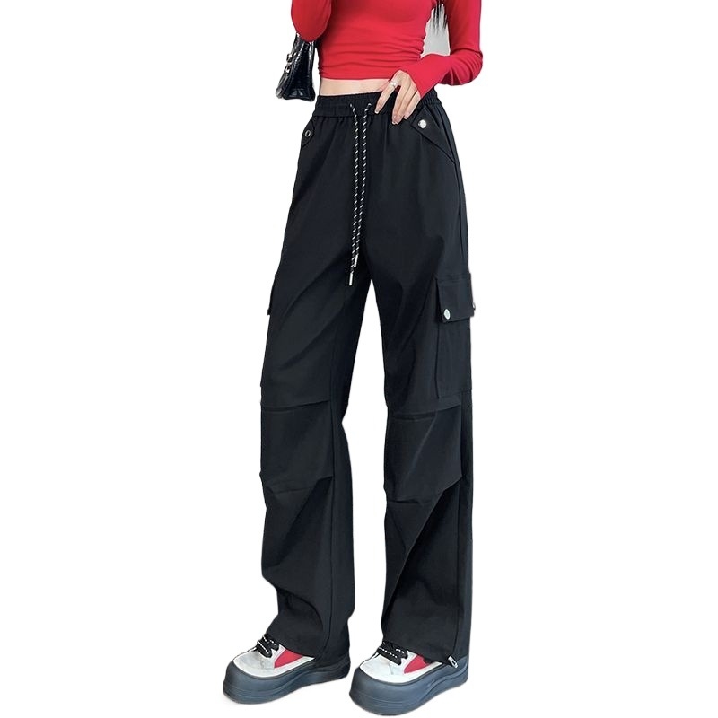 Ženske cargo hlače u američkom stilu, visokim strukom, slobodan širokih nogavica kroj, tkanina pletena s vunom, casual jogger stil
