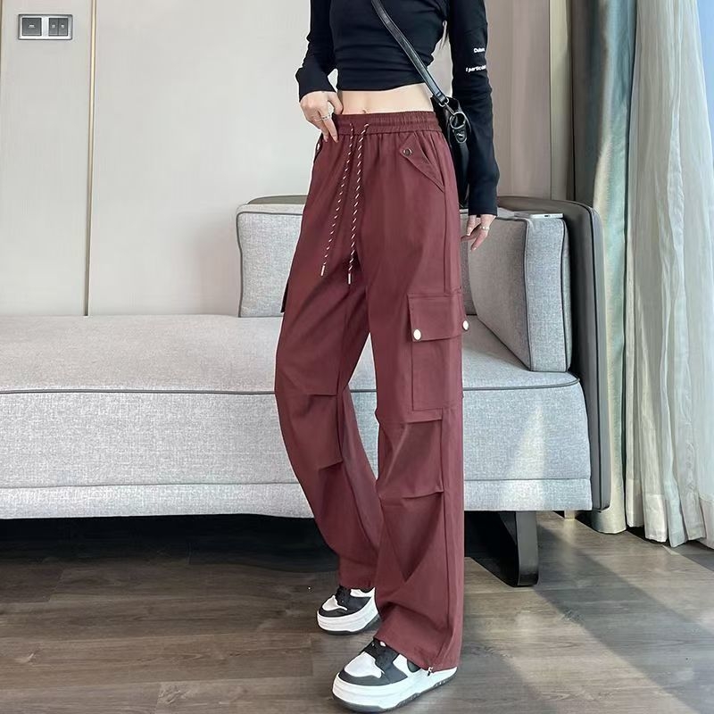 Ženske cargo hlače u američkom stilu, visokim strukom, slobodan širokih nogavica kroj, tkanina pletena s vunom, casual jogger stil