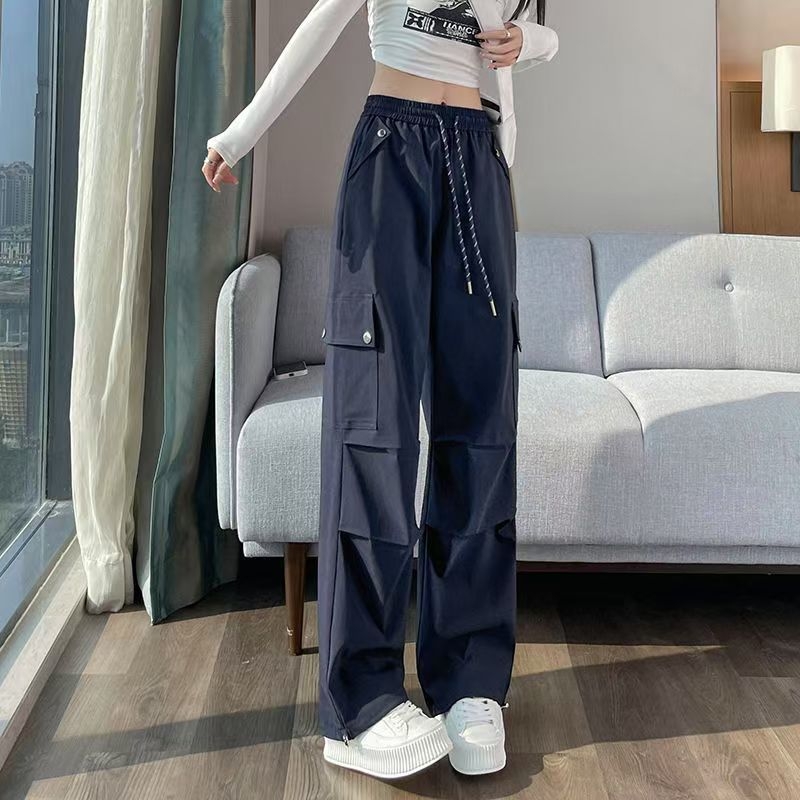 Ženske cargo hlače u američkom stilu, visokim strukom, slobodan širokih nogavica kroj, tkanina pletena s vunom, casual jogger stil