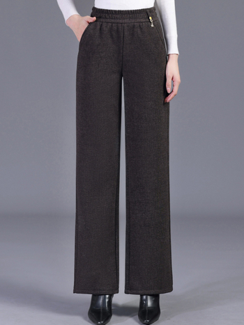 Pantaloni drepți cu căptușeală din fleece pentru femei vârstnice, poliester 80–90%, micro-elasticitate, grosime medie, stil elegant pentru naveta zilnică