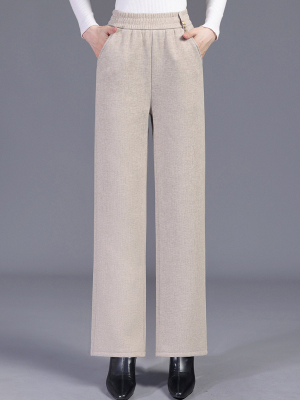 Pantaloni drepți cu căptușeală din fleece pentru femei vârstnice, poliester 80–90%, micro-elasticitate, grosime medie, stil elegant pentru naveta zilnică