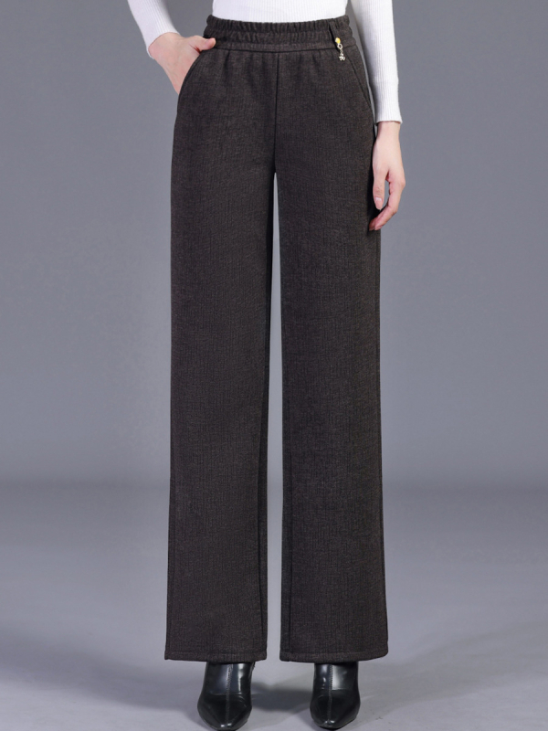 Pantaloni drepți cu căptușeală din fleece pentru femei vârstnice, poliester 80–90%, micro-elasticitate, grosime medie, stil elegant pentru naveta zilnică