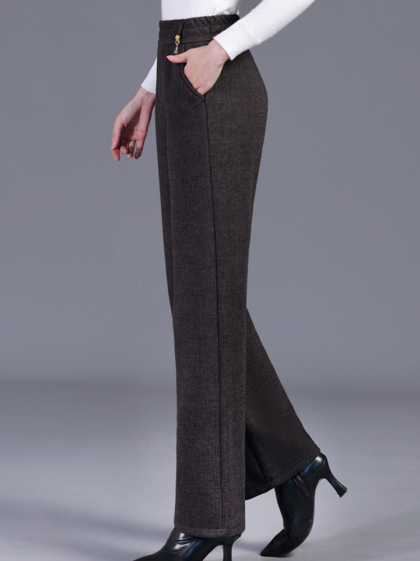 Pantaloni drepți cu căptușeală din fleece pentru femei vârstnice, poliester 80–90%, micro-elasticitate, grosime medie, stil elegant pentru naveta zilnică