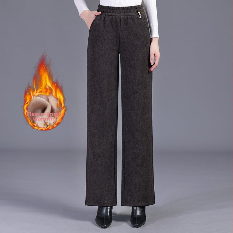 Pantaloni drepți cu căptușeală din fleece pentru femei vârstnice, poliester 80–90%, micro-elasticitate, grosime medie, stil elegant pentru naveta zilnică