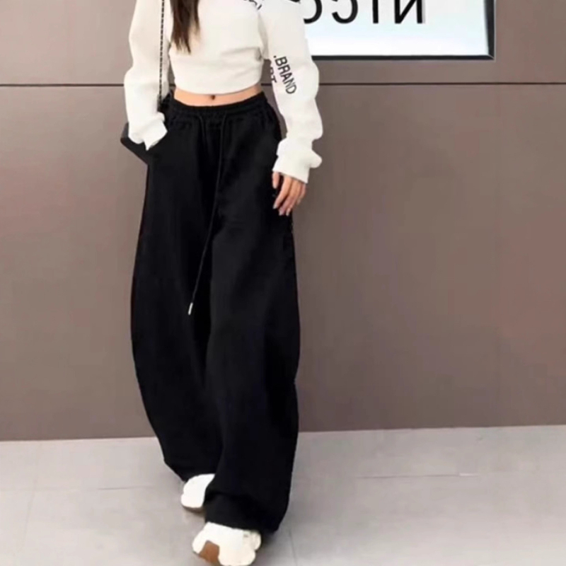 Női mindennapi nadrág széles fazonú, magas derék, mikroelasticitás, poliészter, széles csővágás, ősz 2025, japán-koreai lazító stílus