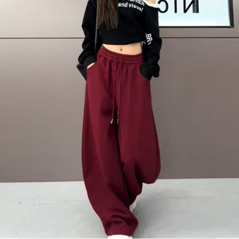 Női mindennapi nadrág széles fazonú, magas derék, mikroelasticitás, poliészter, széles csővágás, ősz 2025, japán-koreai lazító stílus