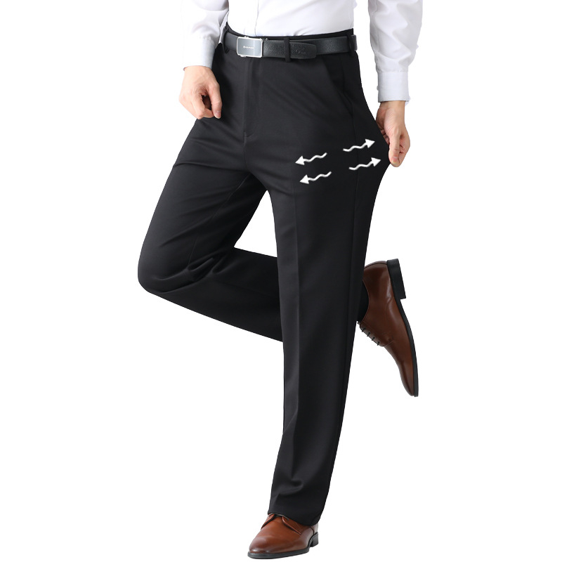 Férfi üzleti-casual nadrág, magas derekú, egyenes szabású, nylon–viszkóz keverék, vastag anyag