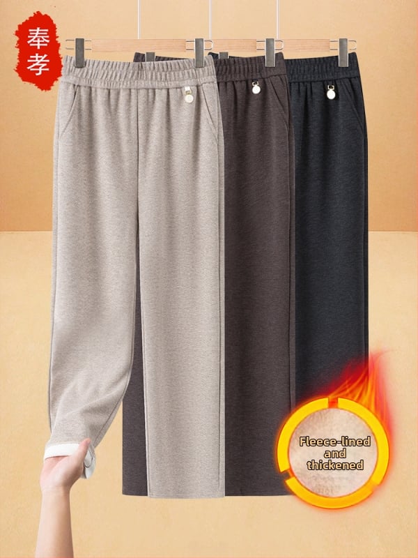 Pantaloni elastici talie înaltă drepti, căptuți cu fleece, pentru toamnă-iarnă 2025, țesătură TR PVC ≤30%, model solid