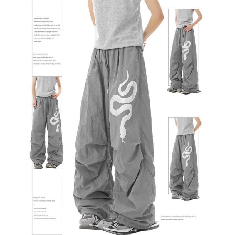 Női tréner nadrág kígyó motívummal, street hipster cargo stílus, lazább szabású, széles lábszárú, középmagas derekú, poliészter-keverék